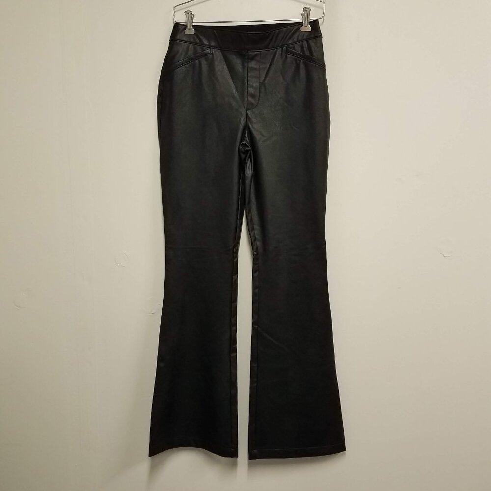 Spanx Leather Like Flare Pants Womens Large Black Stretch Pull On Faux 20457R